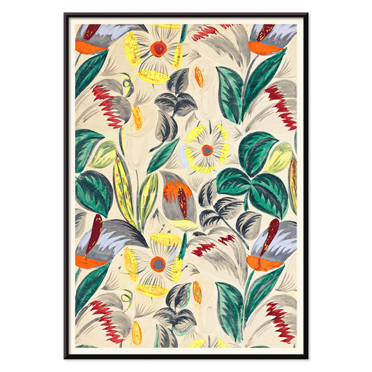Vibrant tropical flowers and lush greenery textile design pattern titled Tropical Flowers II colorful foliage and blossoms poster, with black aluminium frame on white background