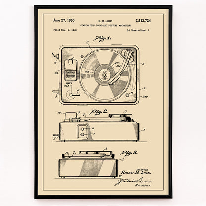 Closeup detail of Vintage turntable patent illustration and technical drawing poster by R M Like ideal music lover decor