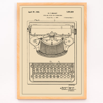 Closeup detail of Vintage typewriter patent illustration by R F Brandt with technical details and drawing