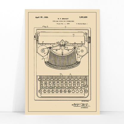 Vintage typewriter patent illustration by R F Brandt with technical details and drawing, framed and displayed in modern living room decor