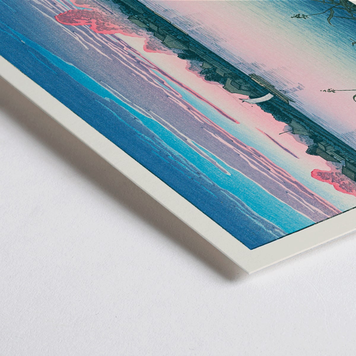 Closeup detail of Early Autumn in Urayasu by Kawase Hasui peaceful lakeside village poster with serene waterfront houses boat and colorful sky