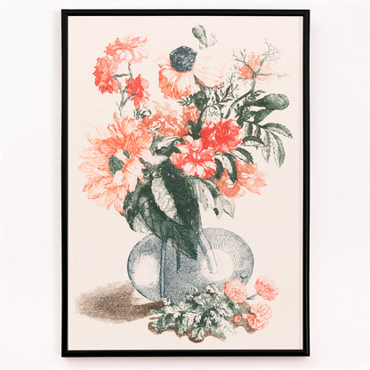 Closeup detail of Glass vase with colorful flowers and sunflower still life by Jean Baptiste Monnoyer poster for home wall decor