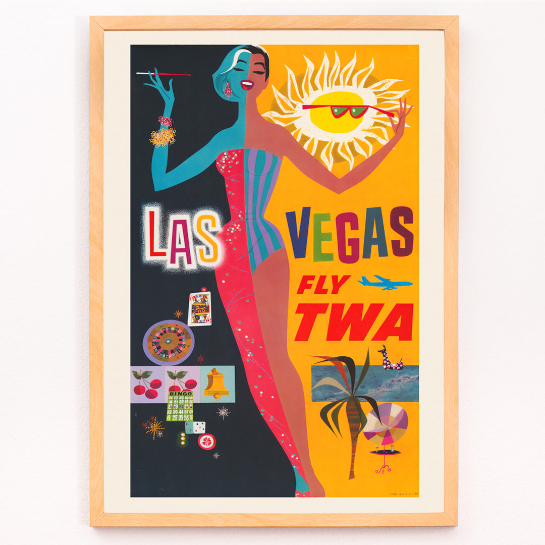Closeup detail of Colorful vintage Las Vegas travel poster by David Klein featuring showgirl stylish woman sun and casino imagery promoting Las Vegas fly TWA