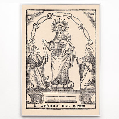 Closeup detail of Nuestra Senora del Roser Virgin Mary holding Child Jesus with saints black and white religious illustration and crowned Madonna and child surrounded by saints traditional religious artwork