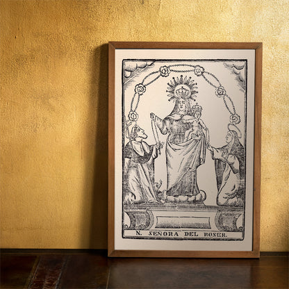Nuestra Senora del Roser Virgin Mary holding Child Jesus with saints black and white religious illustration and crowned Madonna and child surrounded by saints traditional religious artwork, framed and displayed in home decor
