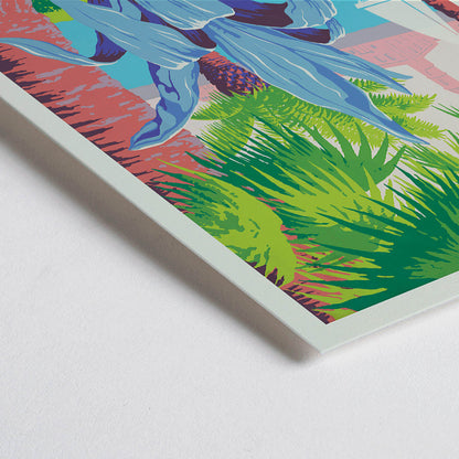 Closeup detail of Discover Puerto Rico travel poster by WPA featuring vibrant tropical scenery tropical plants a sailboat and a historic fort in colorful art