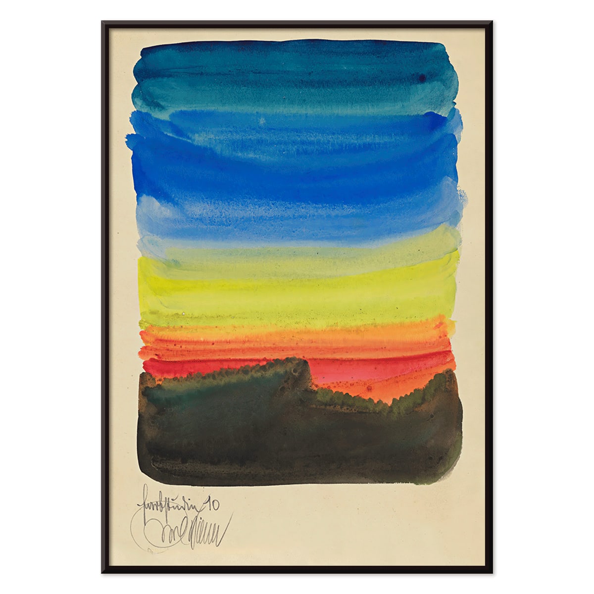Abstract watercolor landscape poster by Karl Wiener Farbstudien 10 Blätter X featuring vibrant blue yellow red and black horizontal brushstrokes, with black aluminium frame on white background