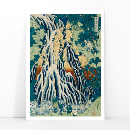 Dramatic waterfall with figures in lush forest landscape Shimotsuke Kurokami Yama Kurifuri no Taki by Katsushika Hokusai poster, framed and displayed in modern living room decor