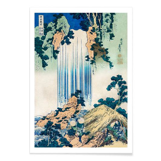 Yoro Waterfall in Mino Province by Katsushika Hokusai featuring lush greenery figures trees rocks and people in straw hats, with black aluminium frame on white background