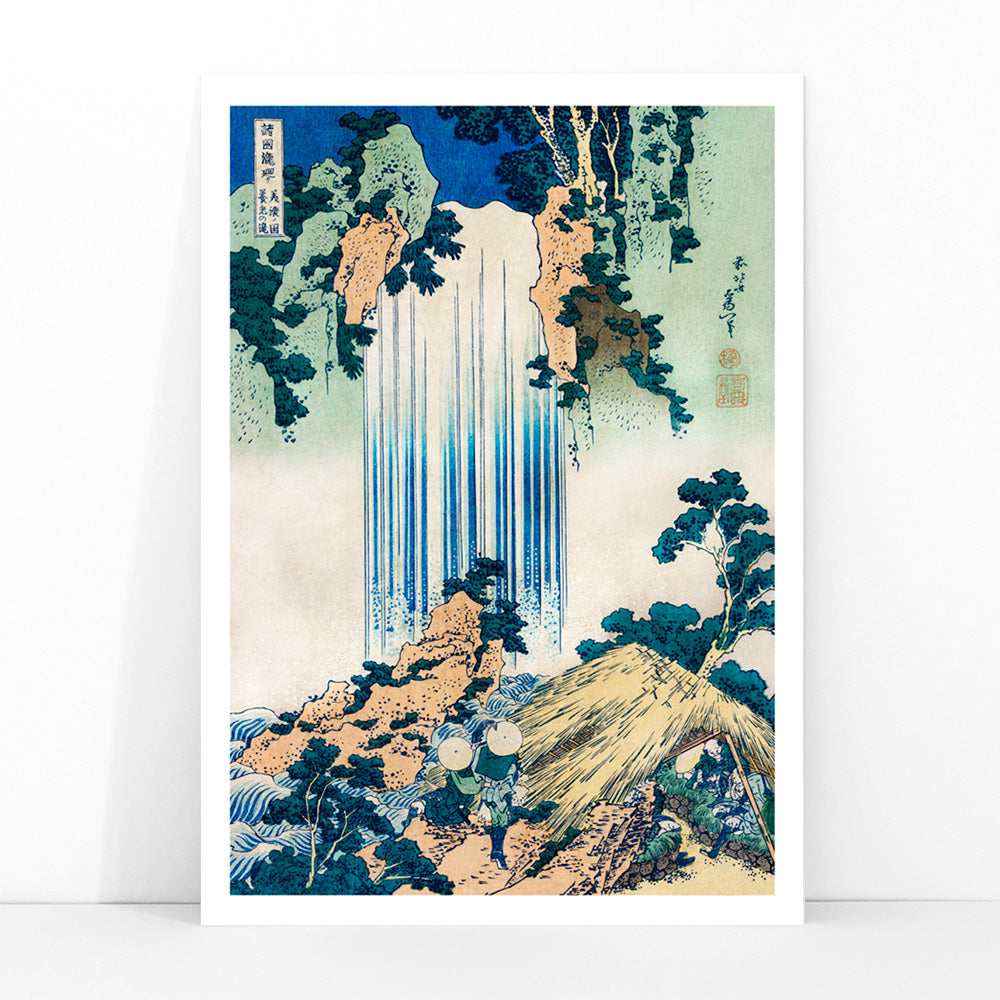 Yoro Waterfall in Mino Province by Katsushika Hokusai featuring lush greenery figures trees rocks and people in straw hats, framed and displayed in modern living room decor