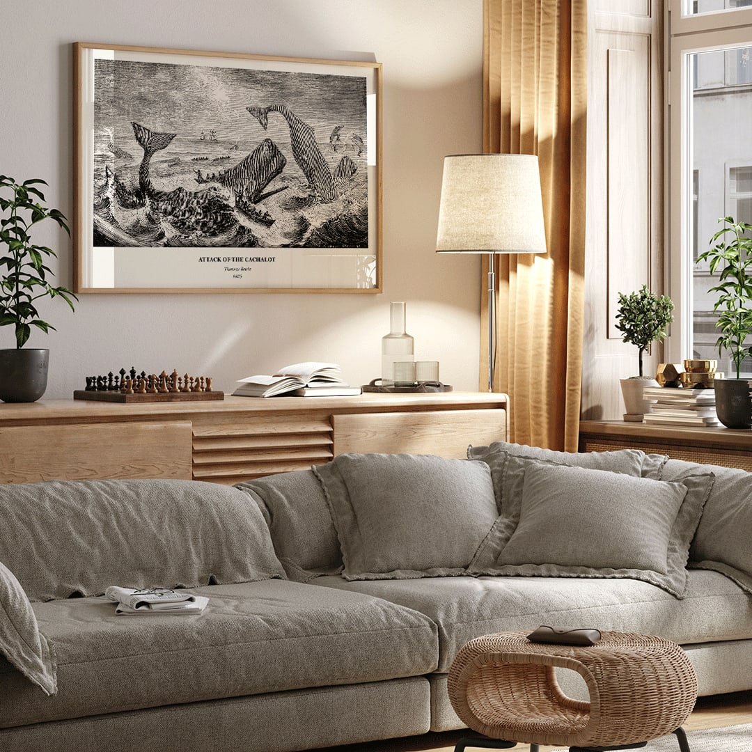 Sperm whale and cachalot attacking fishing boats illustration from The Natural History of the Sperm Whale by Thomas Beale, framed and displayed in home decor