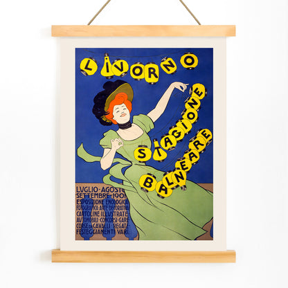 Woman in green dress holding yellow lanterns Livorno stagione balneare by Leonetto Cappiello poster on blue background, with wooden magnetic frame on white background