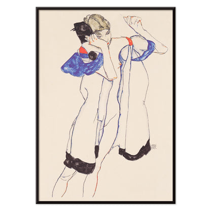 Egon Schiele Woman in a Morning Robe poster with delicate expressionist figure in white blue and black on beige background, with black aluminium frame on white background