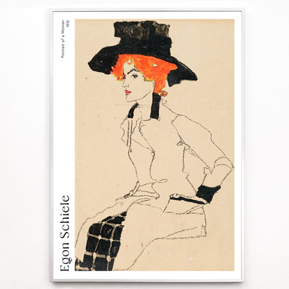 Closeup detail of Portrait Of A Woman by Egon Schiele featuring an elegant woman with red or orange hair and a black hat poster