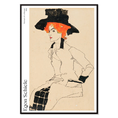 Portrait Of A Woman by Egon Schiele featuring an elegant woman with red or orange hair and a black hat poster, with black aluminium frame on white background
