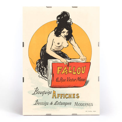 Vintage poster for book and print shop Fallou in Paris by Auguste Roedel featuring a woman with dark hair reading a large red book and holding a colorful book, framed and displayed in modern living room decor