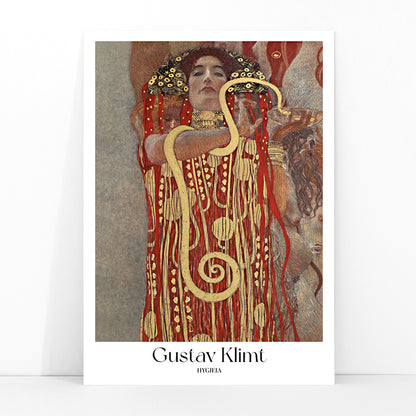 Hygieia by Gustav Klimt woman in ornate red and gold robe holding a snake art poster, framed and displayed in modern living room decor