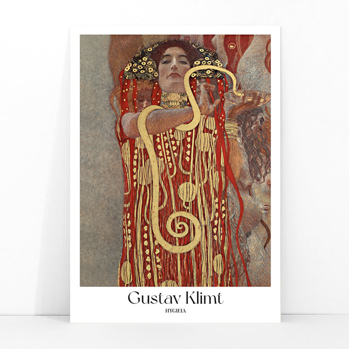 Hygieia by Gustav Klimt woman in ornate red and gold robe holding a snake art poster, framed and displayed in modern living room decor