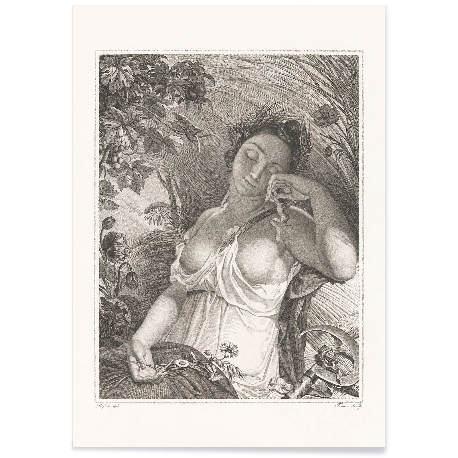 Sleeping Woman by Salvatore Tresca serene woman sleeping in a lush natural setting with flowers and wheat poster, with black aluminium frame on white background