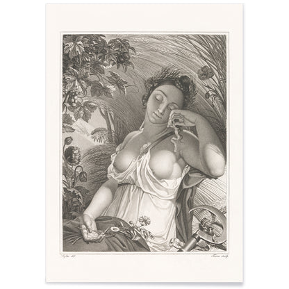 Sleeping Woman by Salvatore Tresca serene woman sleeping in a lush natural setting with flowers and wheat poster, with black aluminium frame on white background