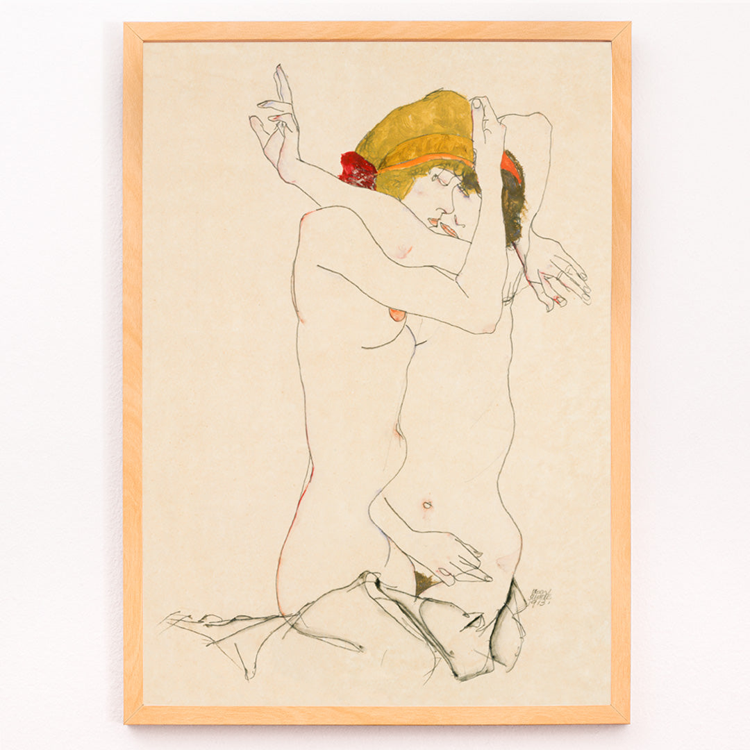 Closeup detail of Two Women Embracing by Egon Schiele expressive artwork poster featuring two nude women in an intimate pose
