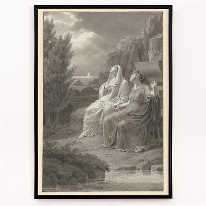 Closeup detail of Two women in classical attire seated outdoors gazing at the night sky artwork by Jacques Kuyper