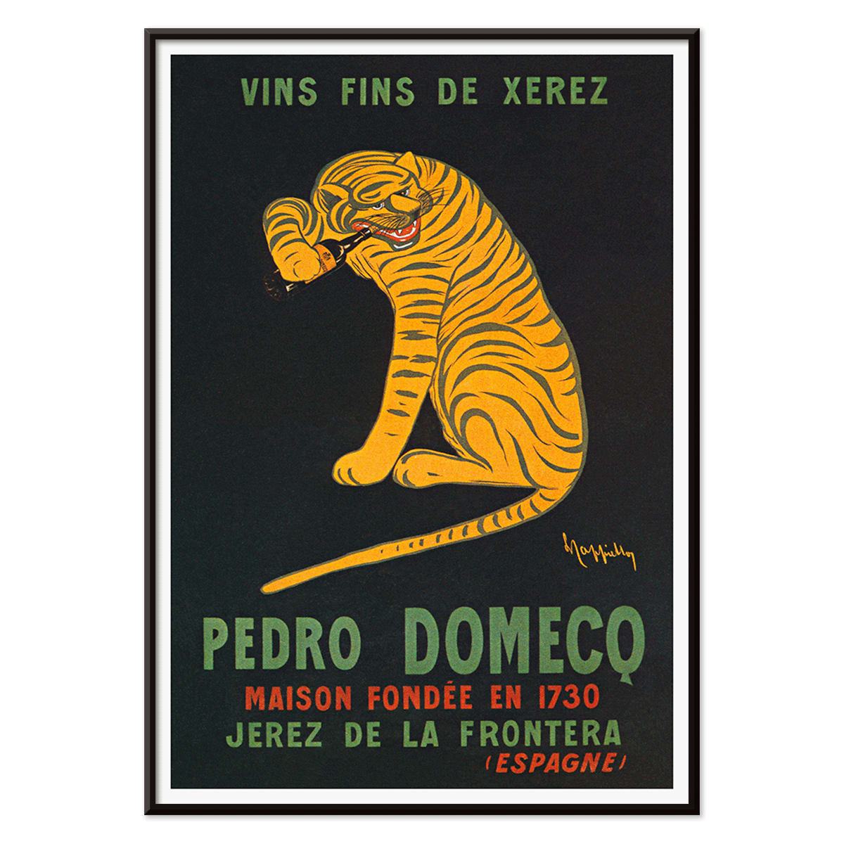 Leonetto Cappiello poster of a playful tiger on black background promoting Xerez Pedro Domeco wine, with black aluminium frame on white background