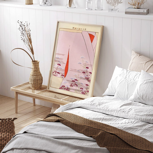 Yachigusa v 15 Pl 24 by Seiko Ueno kimono with delicate floral patterns and red accents poster close up, framed and displayed in home decor