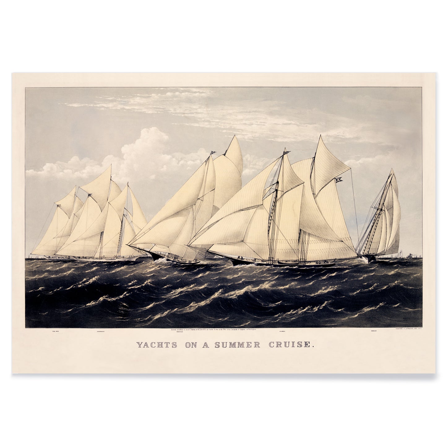 Sailboats and yachts racing on the ocean under clear skies in Yachts on a Summer Cruise by Currier and Ives, with black aluminium frame on white background