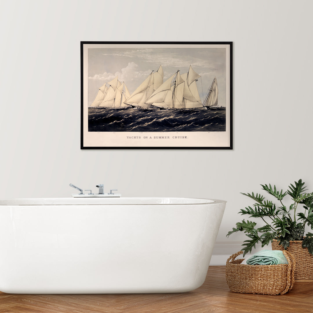 Sailboats and yachts racing on the ocean under clear skies in Yachts on a Summer Cruise by Currier and Ives, framed and displayed in home decor