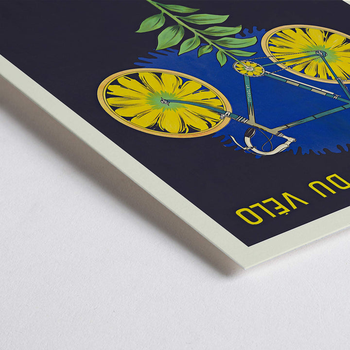 Closeup detail of Michel Liebeaux La fine fleur du vélo poster with yellow bicycle rising from flower pot, green plant, dark background, vintage advertising style