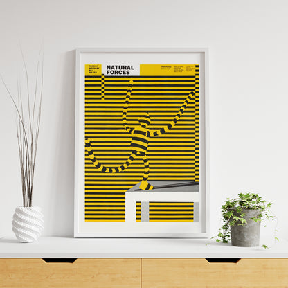 Natural forces artwork by Bill Mayer featuring a yellow and black striped abstract figure blending with lines poster, framed and displayed in home decor